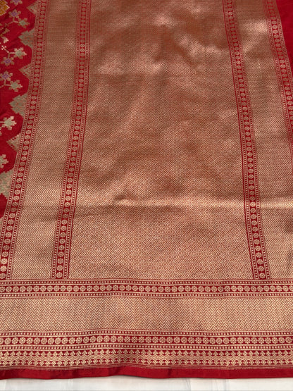 VIRASAT 405: Blood Red Pure Handloom Katan Silk Saree with All Over Zari &amp; Meenakari Border-Pallu (Silk Mark Certified)