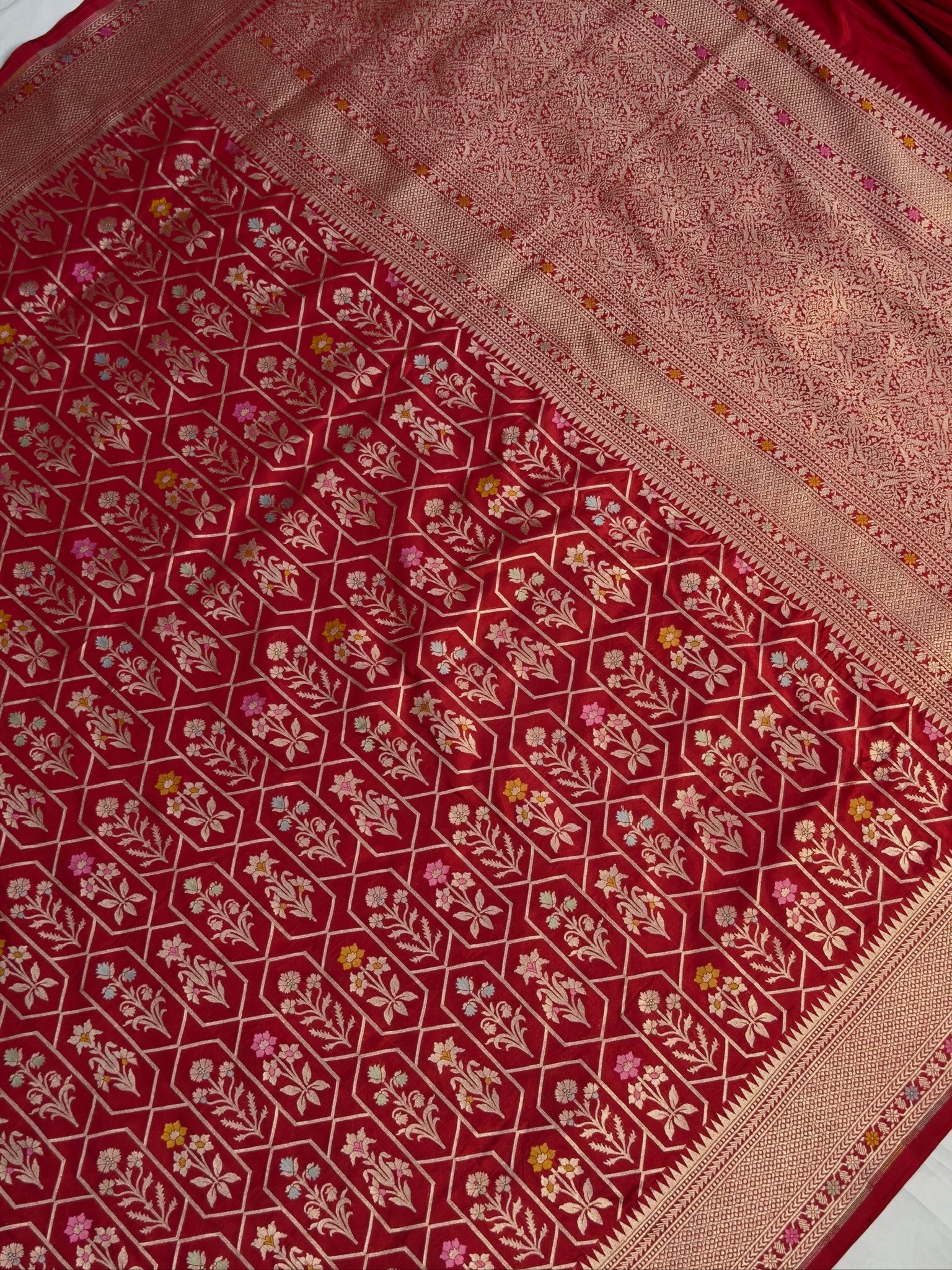 VIRASAT 410: Scarlet Red Pure Handloom Katan Silk Saree with All-Over Zari &amp; Meenakari Border-Pallu (Silk Mark Certified)