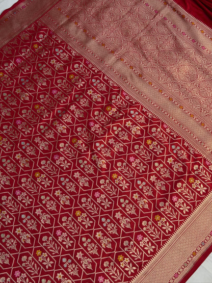 VIRASAT 410: Scarlet Red Pure Handloom Katan Silk Saree with All-Over Zari &amp; Meenakari Border-Pallu (Silk Mark Certified)