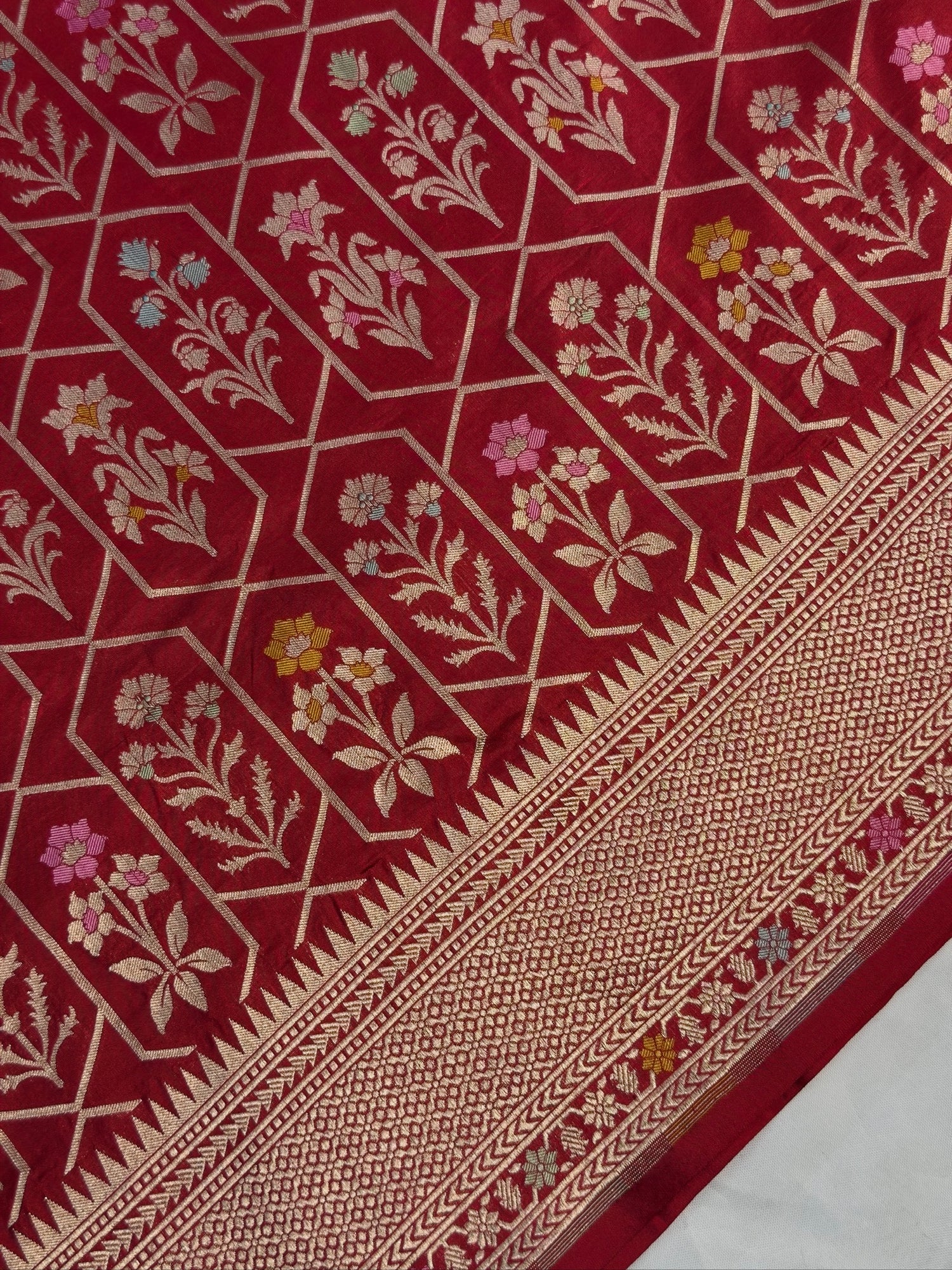 VIRASAT 410: Scarlet Red Pure Handloom Katan Silk Saree with All-Over Zari &amp; Meenakari Border-Pallu (Silk Mark Certified)