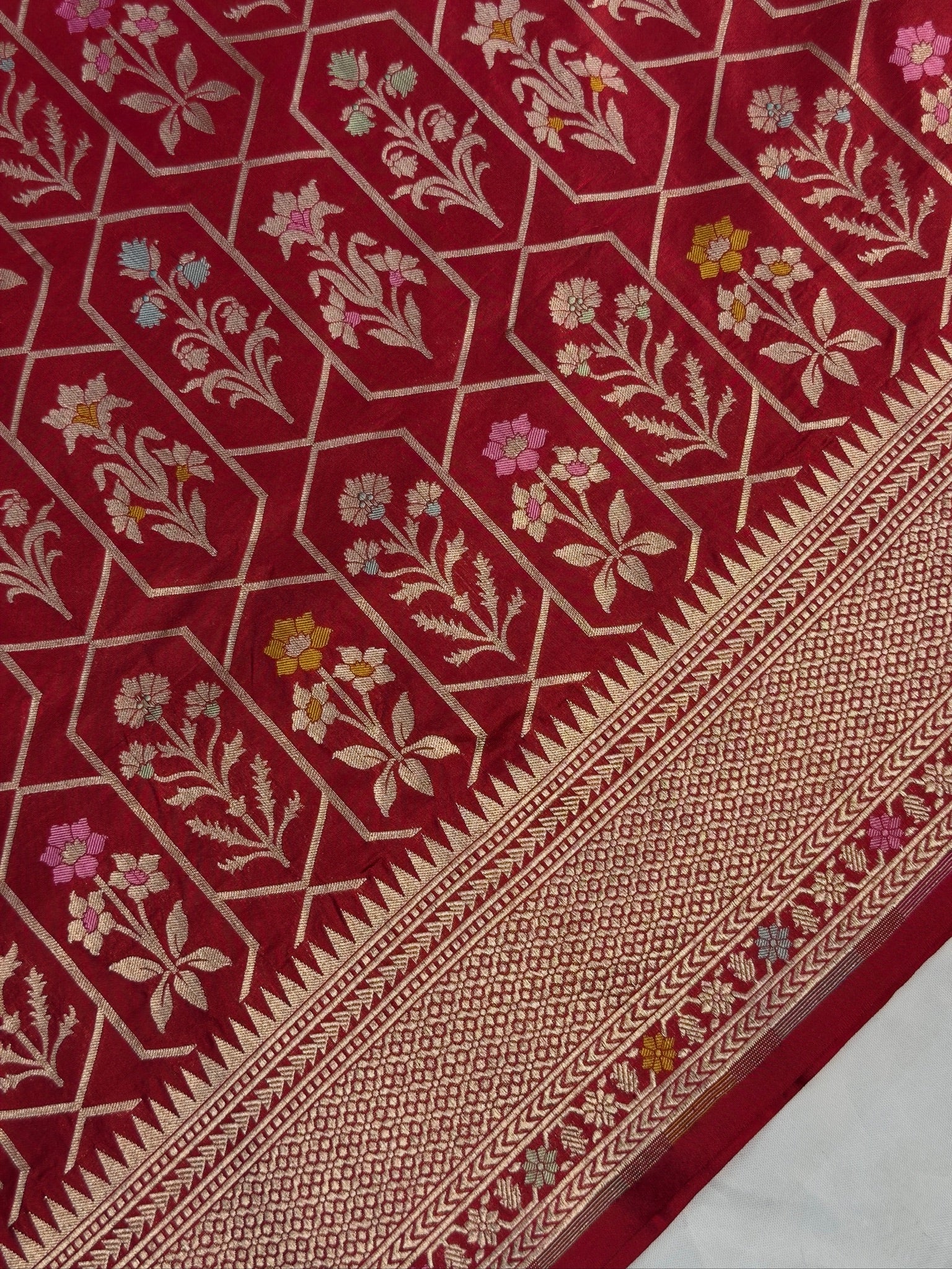 VIRASAT 410: Scarlet Red Pure Handloom Katan Silk Saree with All-Over Zari &amp; Meenakari Border-Pallu (Silk Mark Certified)