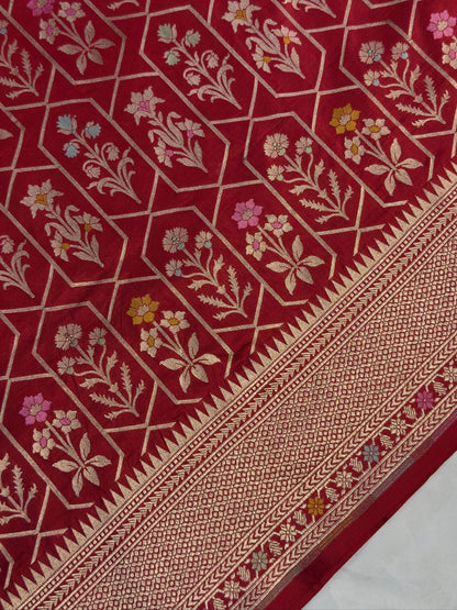 VIRASAT 410: Scarlet Red Pure Handloom Katan Silk Saree with All-Over Zari &amp; Meenakari Border-Pallu (Silk Mark Certified)