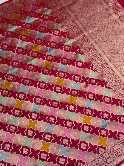 VIRASAT 402: Rani Pink Pure Handloom Katan Silk Rangkat Saree with Meenakari Border &amp; Pallu (Silk Mark Certified)