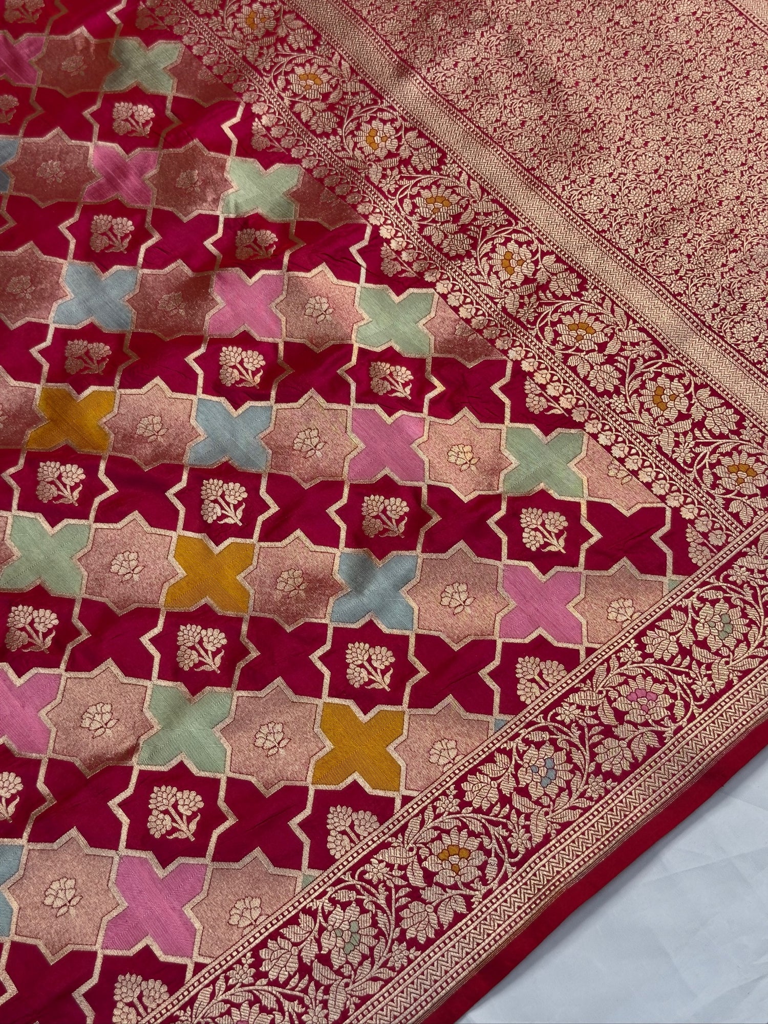 VIRASAT 402: Rani Pink Pure Handloom Katan Silk Rangkat Saree with Meenakari Border &amp; Pallu (Silk Mark Certified)