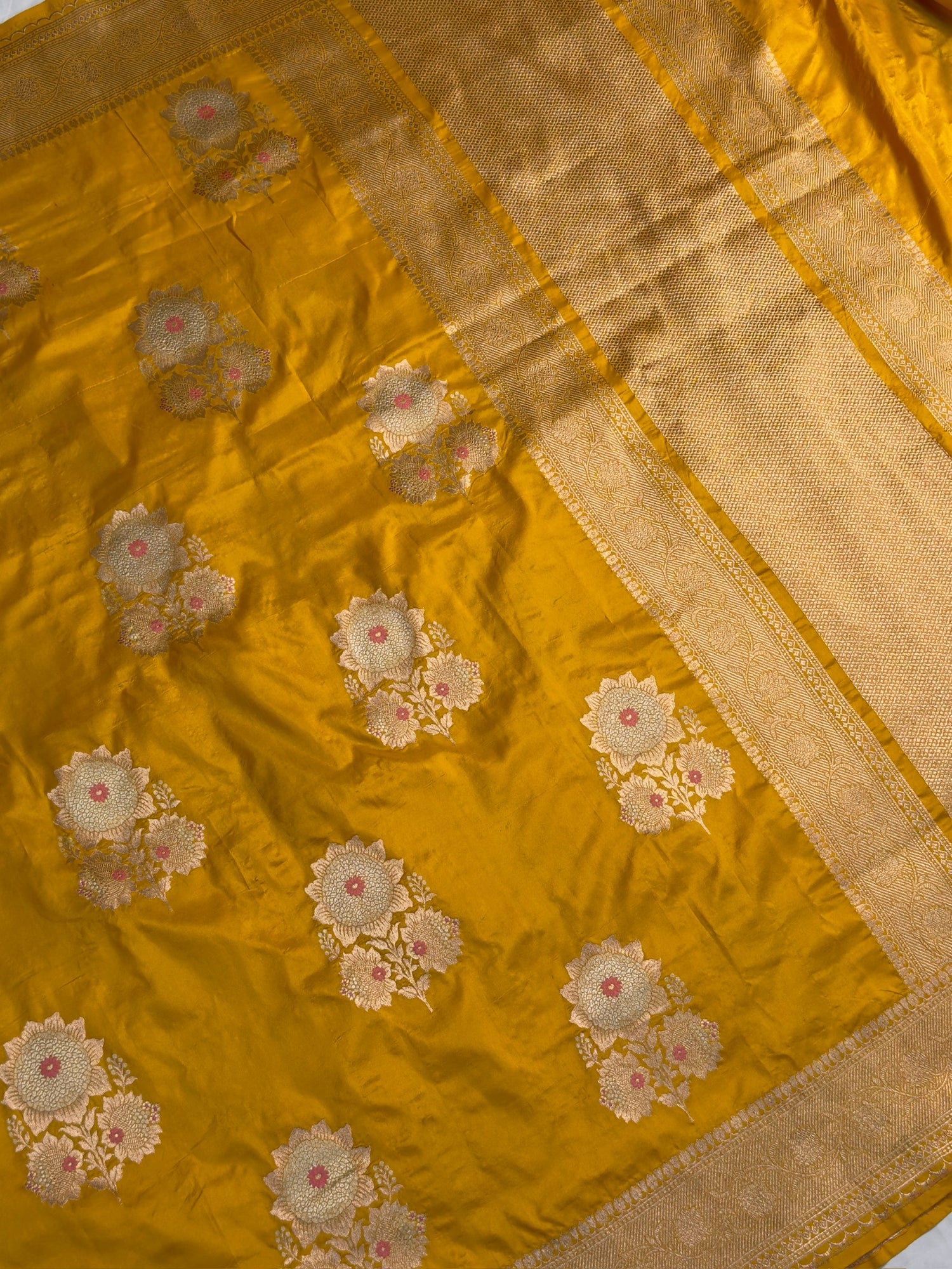 VIRASAT 401: Sunshine Gold Pure Handloom Katan Silk Saree with Sona Rupa Zari &amp; Meenakari Border Pallu (Silk Mark Certified)