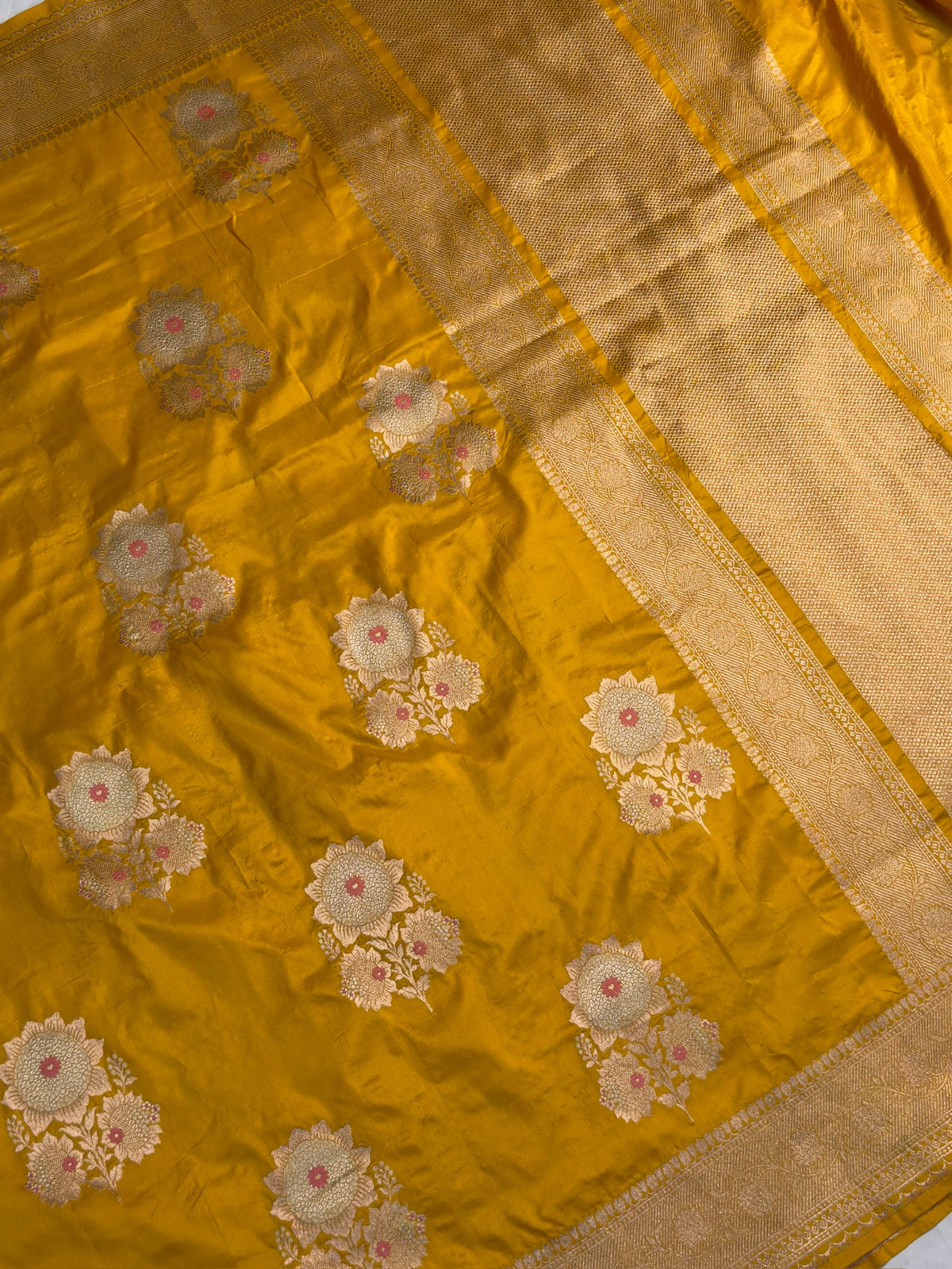 VIRASAT 401: Sunshine Gold Pure Handloom Katan Silk Saree with Sona Rupa Zari &amp; Meenakari Border Pallu (Silk Mark Certified)