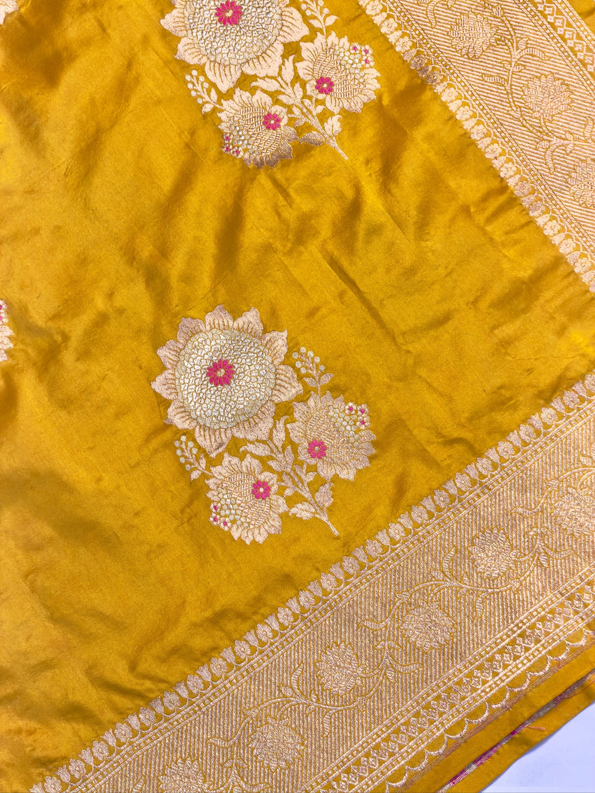 VIRASAT 401: Sunshine Gold Pure Handloom Katan Silk Saree with Sona Rupa Zari &amp; Meenakari Border Pallu (Silk Mark Certified)