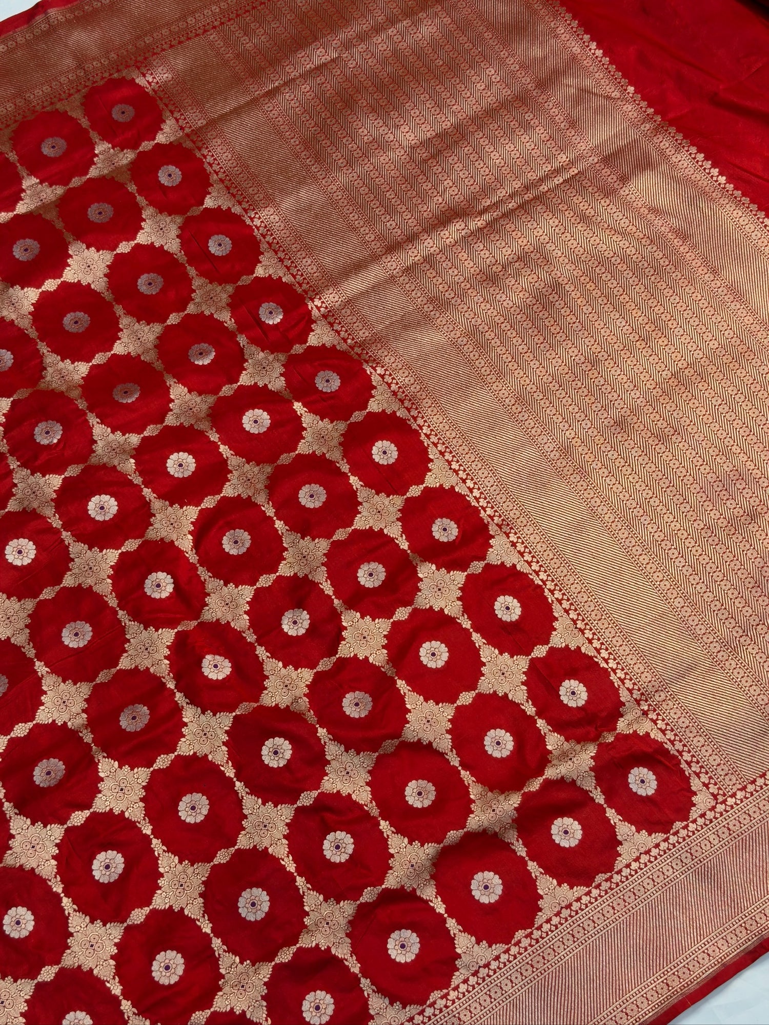 VIRASAT 409: Ruby Red Pure Handloom Katan Silk Saree with All-Over Zari &amp; Meenakari Border-Pallu (Silk Mark Certified)