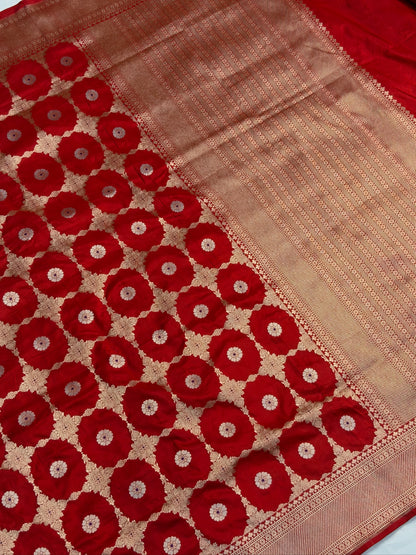 VIRASAT 409: Ruby Red Pure Handloom Katan Silk Saree with All-Over Zari &amp; Meenakari Border-Pallu (Silk Mark Certified)