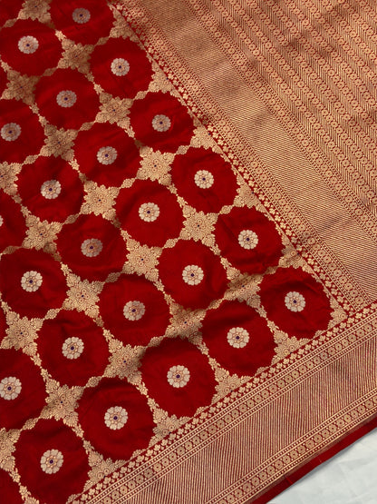 VIRASAT 409: Ruby Red Pure Handloom Katan Silk Saree with All-Over Zari &amp; Meenakari Border-Pallu (Silk Mark Certified)