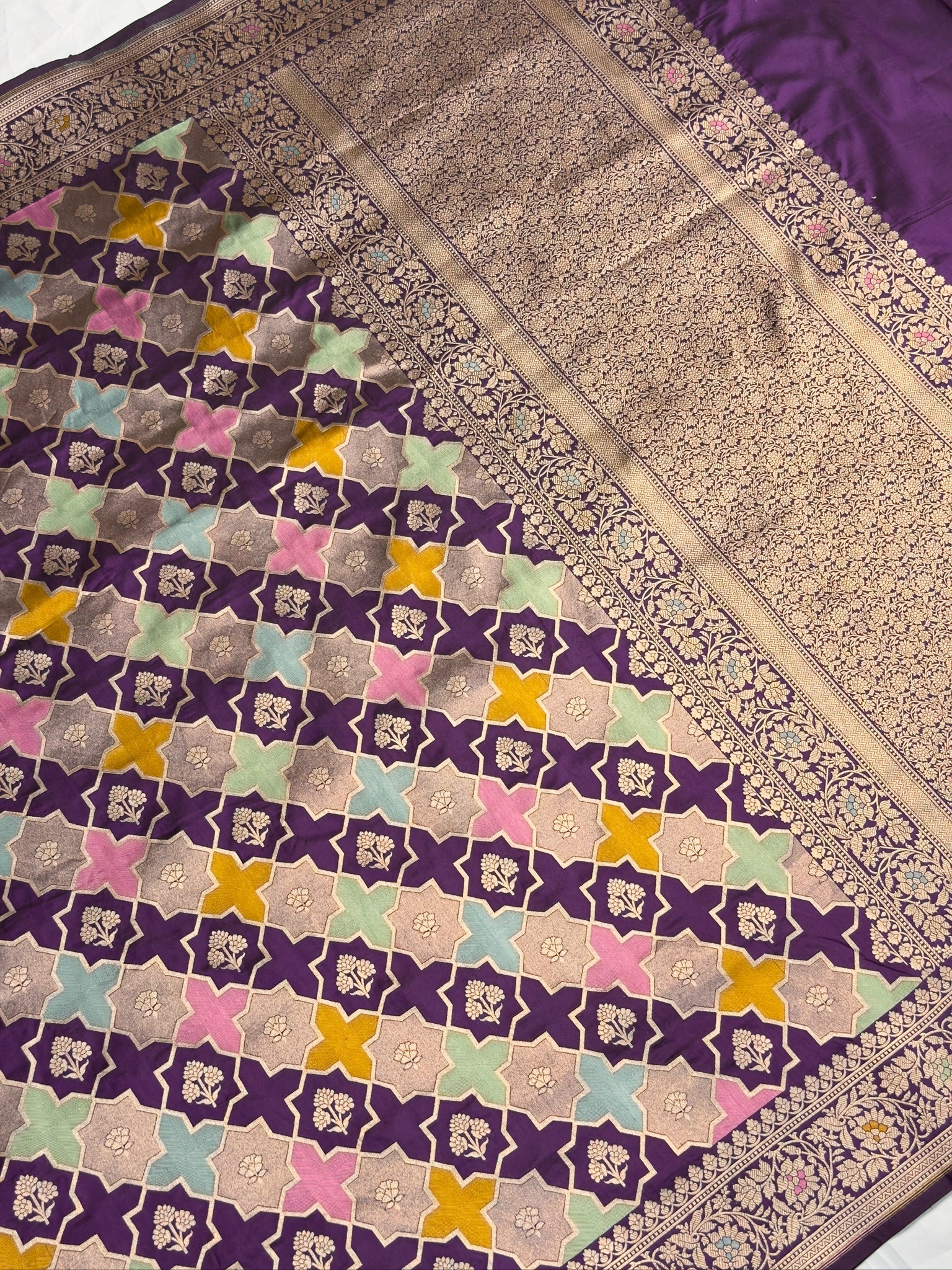 VIRASAT 407: Violet Pure Handloom Katan Silk Rangkat Saree with Meenakari Border &amp; Pallu (Silk Mark Certified)