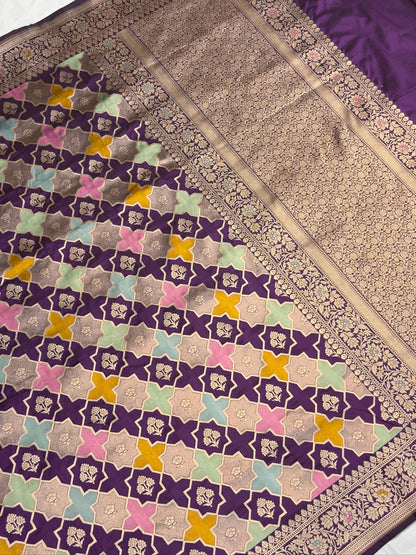 VIRASAT 407: Violet Pure Handloom Katan Silk Rangkat Saree with Meenakari Border &amp; Pallu (Silk Mark Certified)