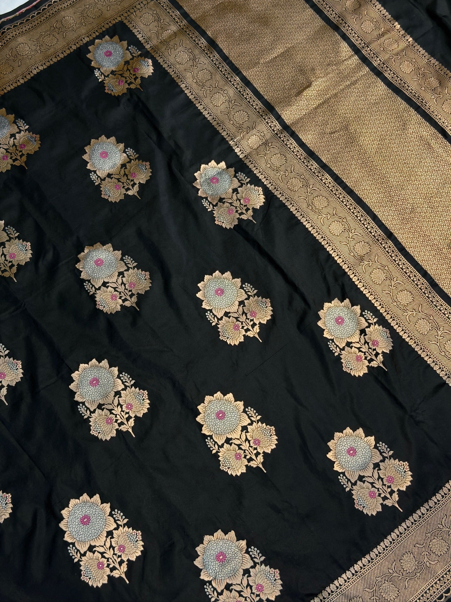 VIRASAT 408: Pure Black Handloom Katan Silk Saree with Sona Rupa Zari &amp; Meenakari Border-Pallu (Silk Mark Certified)