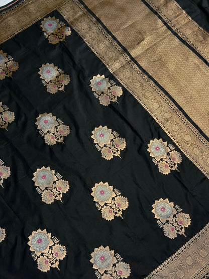 VIRASAT 408: Pure Black Handloom Katan Silk Saree with Sona Rupa Zari &amp; Meenakari Border-Pallu (Silk Mark Certified)