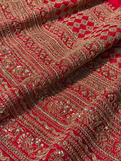 VIRASAT 396: Bridal Red Raw Silk Saree with Hand Zardozi Work