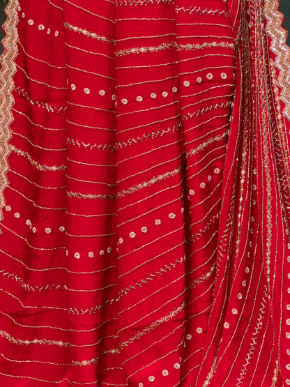 VIRASAT 395: Radiant Crimson Soft Crepe Silk Saree Stripe With Hand Zardozi Work