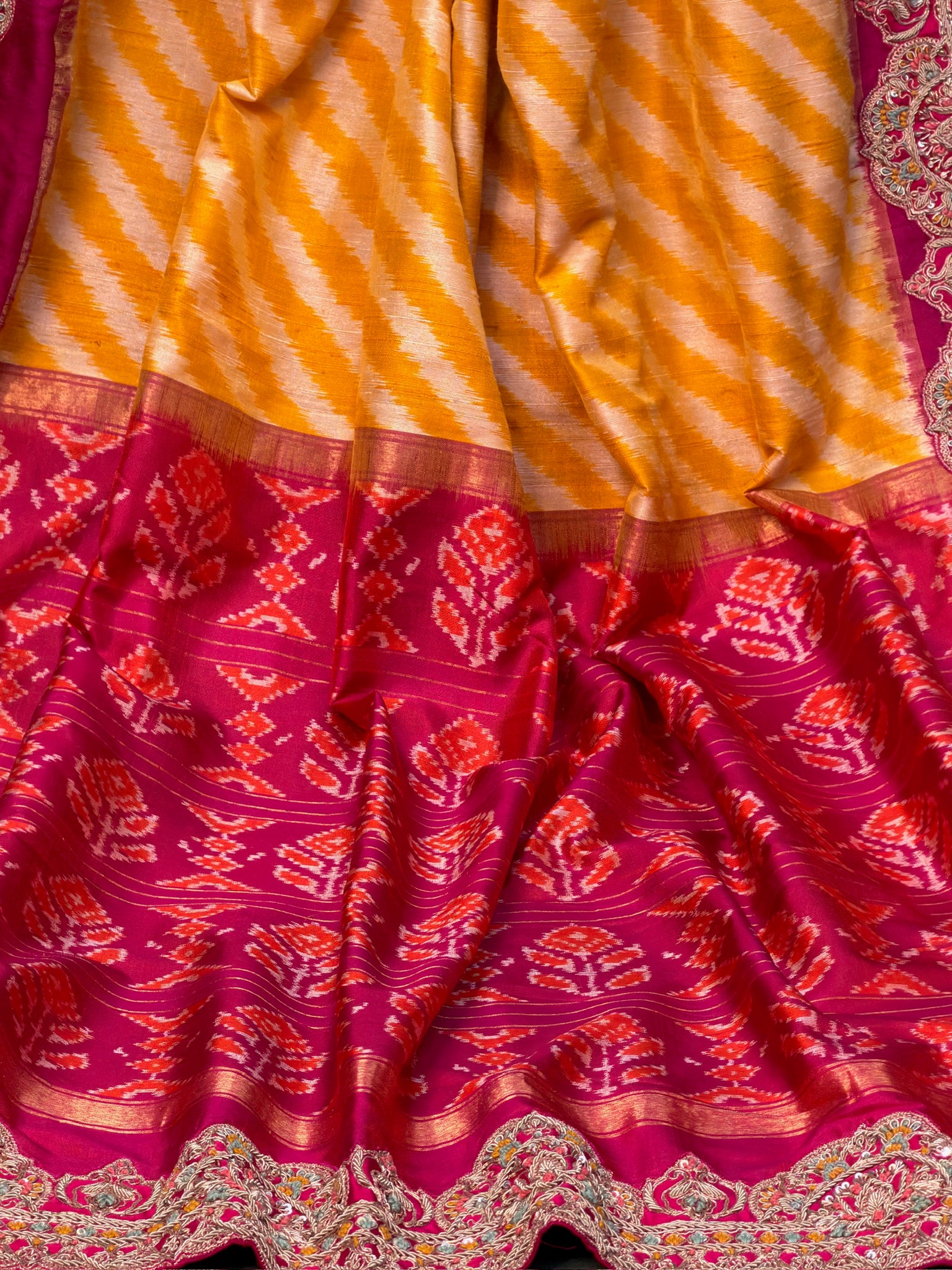 VIRASAT 400: Mustard Raw Silk Saree with Handcrafted Zardozi Artistry