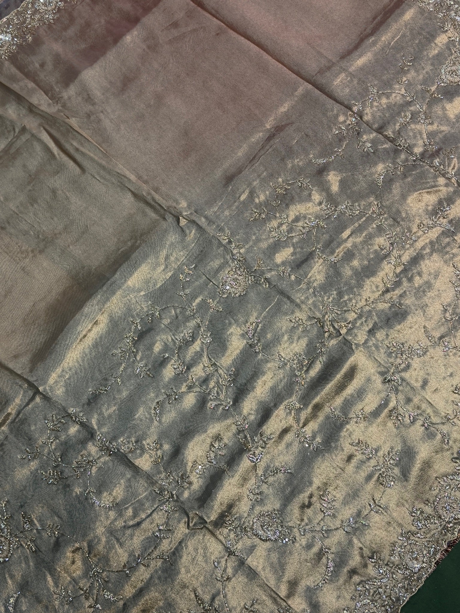 VIRASAT 392: Silver Ombre Tissue Silk Saree with Hand Zardozi Work