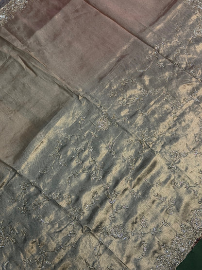 VIRASAT 392: Silver Ombre Tissue Silk Saree with Hand Zardozi Work