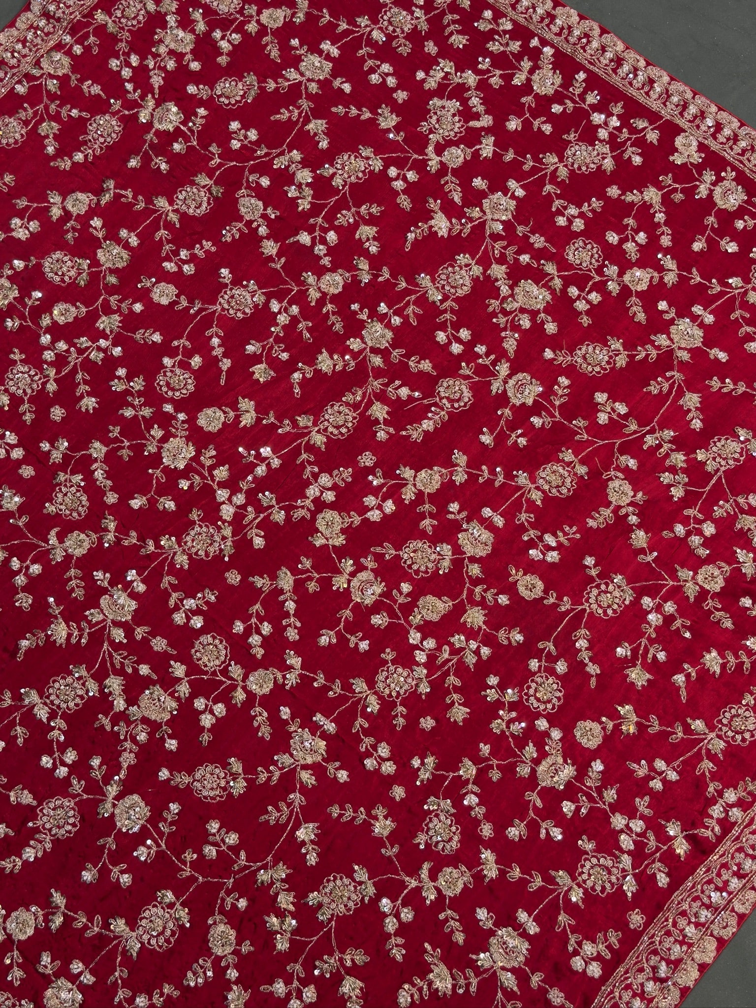 VIRASAT 394: Bridal Red Soft Crepe Silk Saree with Hand Zardozi Work