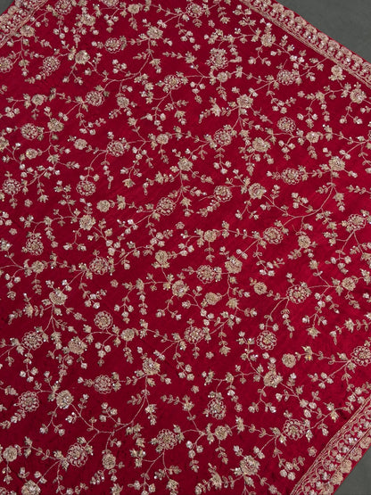 VIRASAT 394: Bridal Red Soft Crepe Silk Saree with Hand Zardozi Work