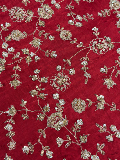 VIRASAT 394: Bridal Red Soft Crepe Silk Saree with Hand Zardozi Work