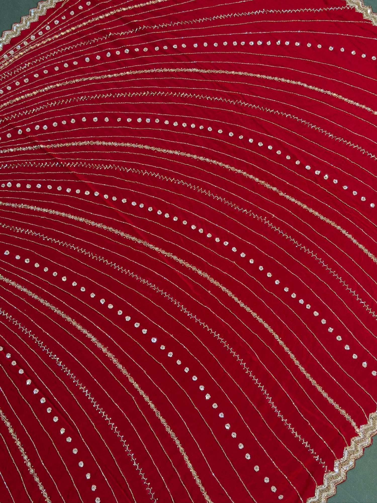 VIRASAT 395: Radiant Crimson Soft Crepe Silk Saree Stripe With Hand Zardozi Work
