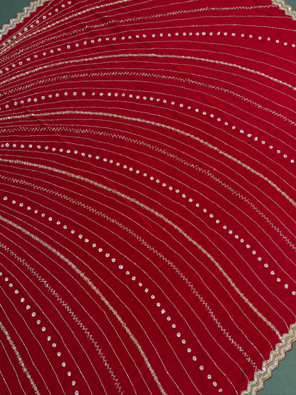 VIRASAT 395: Radiant Crimson Soft Crepe Silk Saree Stripe With Hand Zardozi Work