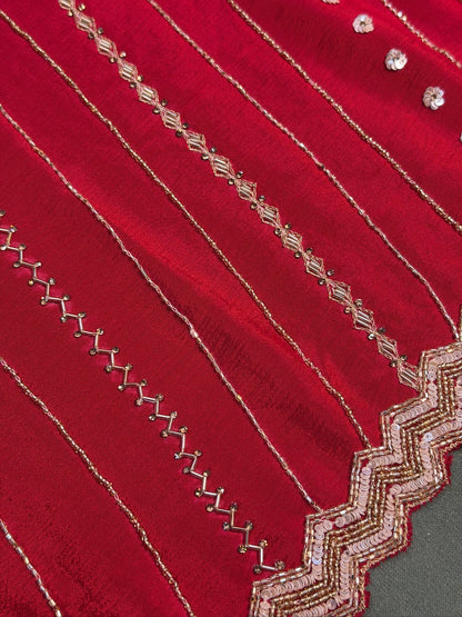VIRASAT 395: Radiant Crimson Soft Crepe Silk Saree Stripe With Hand Zardozi Work