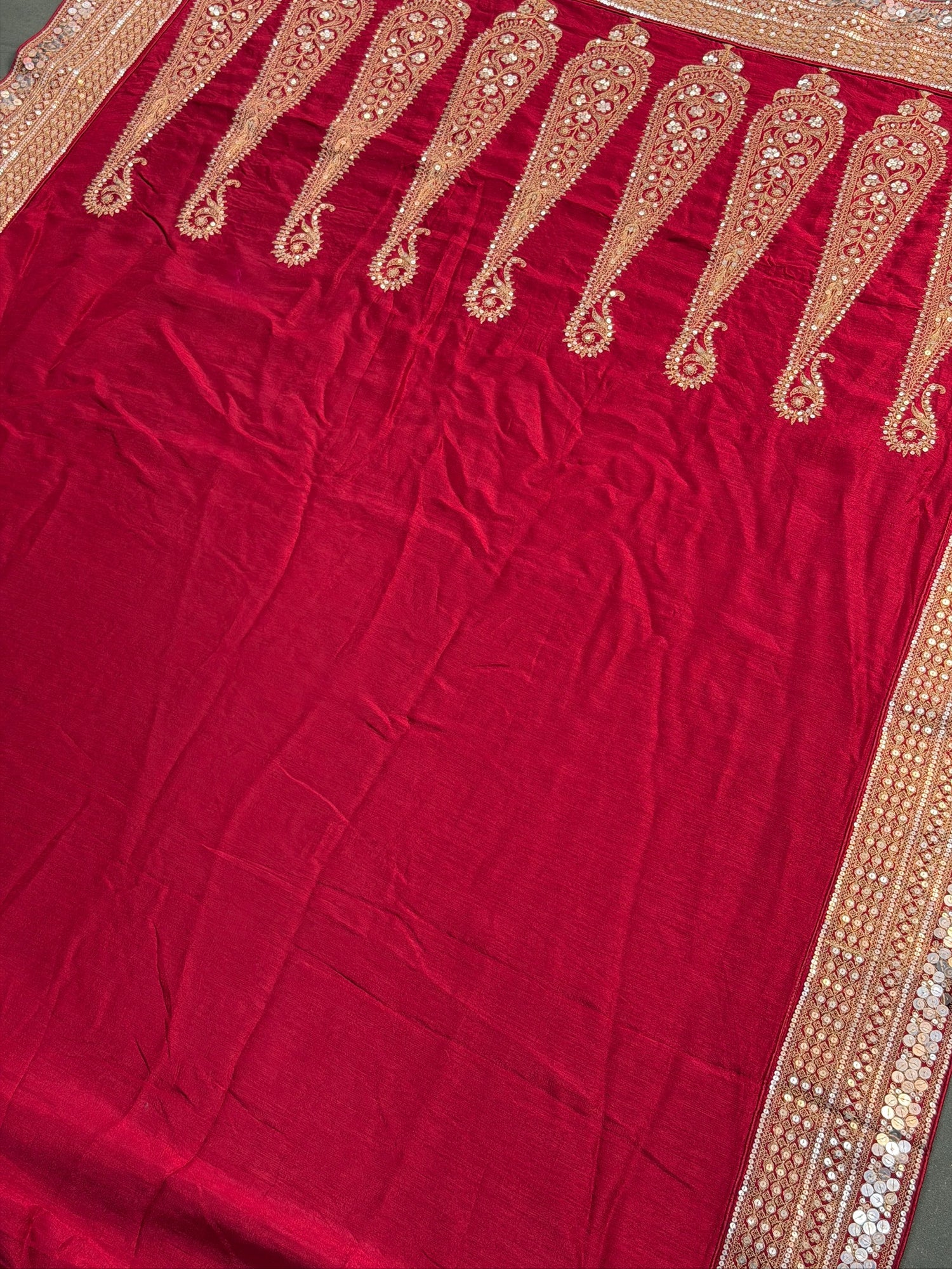 VIRASAT 393: Blood Red Raw Silk Saree with Hand Zardozi Work