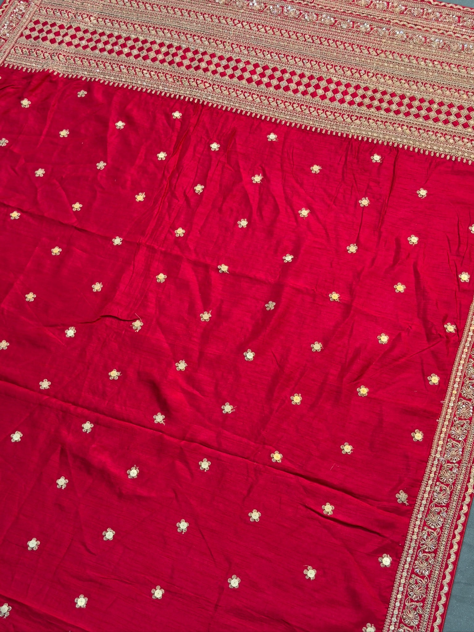 VIRASAT 396: Bridal Red Raw Silk Saree with Hand Zardozi Work