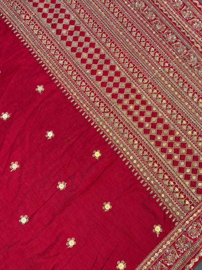 VIRASAT 396: Bridal Red Raw Silk Saree with Hand Zardozi Work