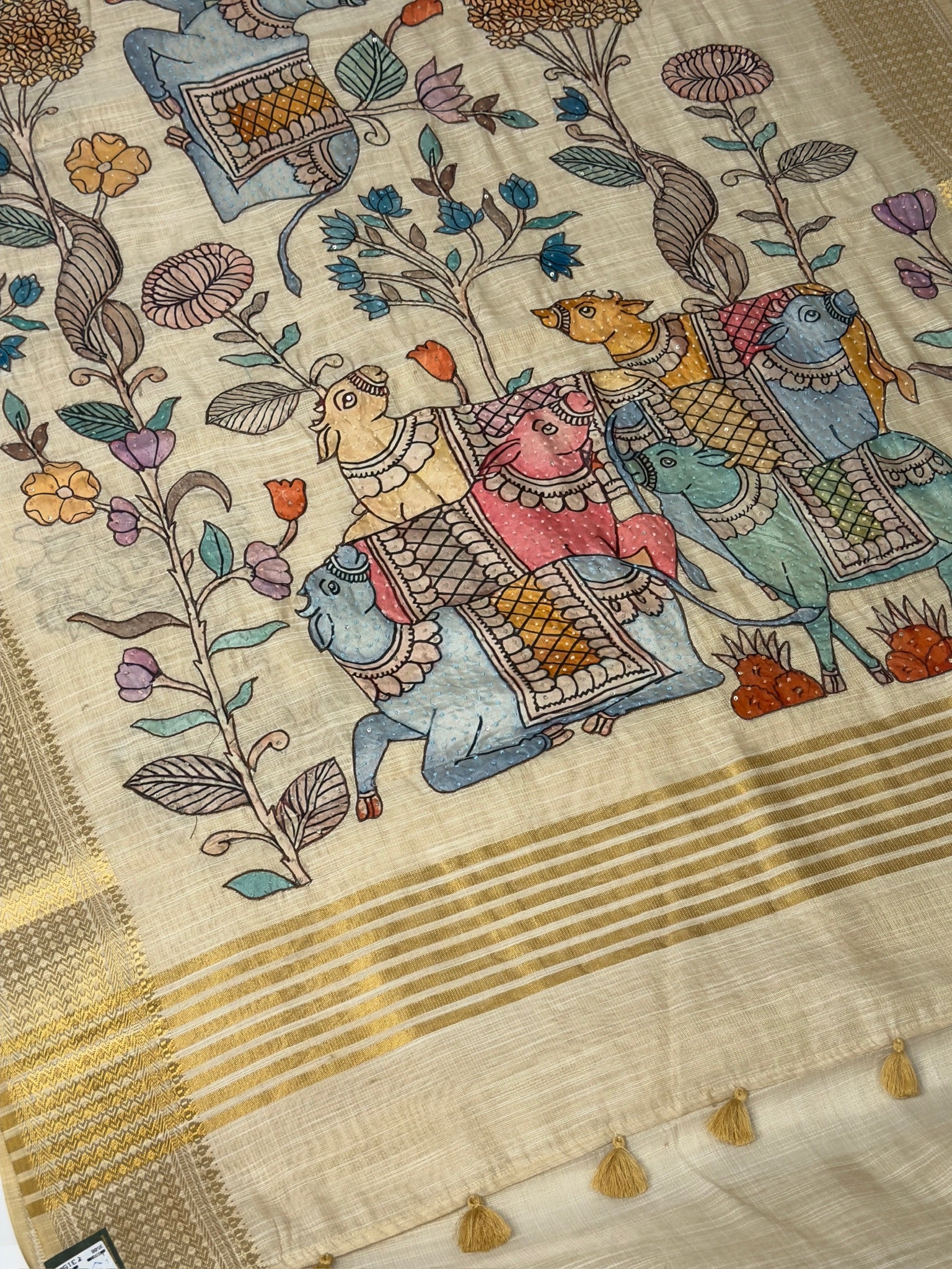 UTSAV BANARAS 399: Golden Cotton Tissue Saree with Kaatha &amp; Kalamkari Work