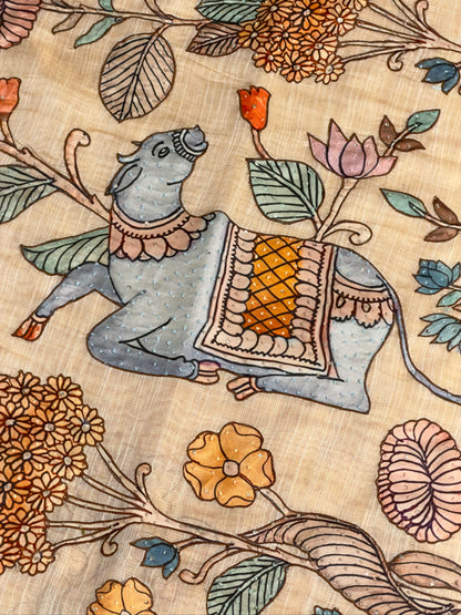 UTSAV BANARAS 399: Golden Cotton Tissue Saree with Kaatha &amp; Kalamkari Work