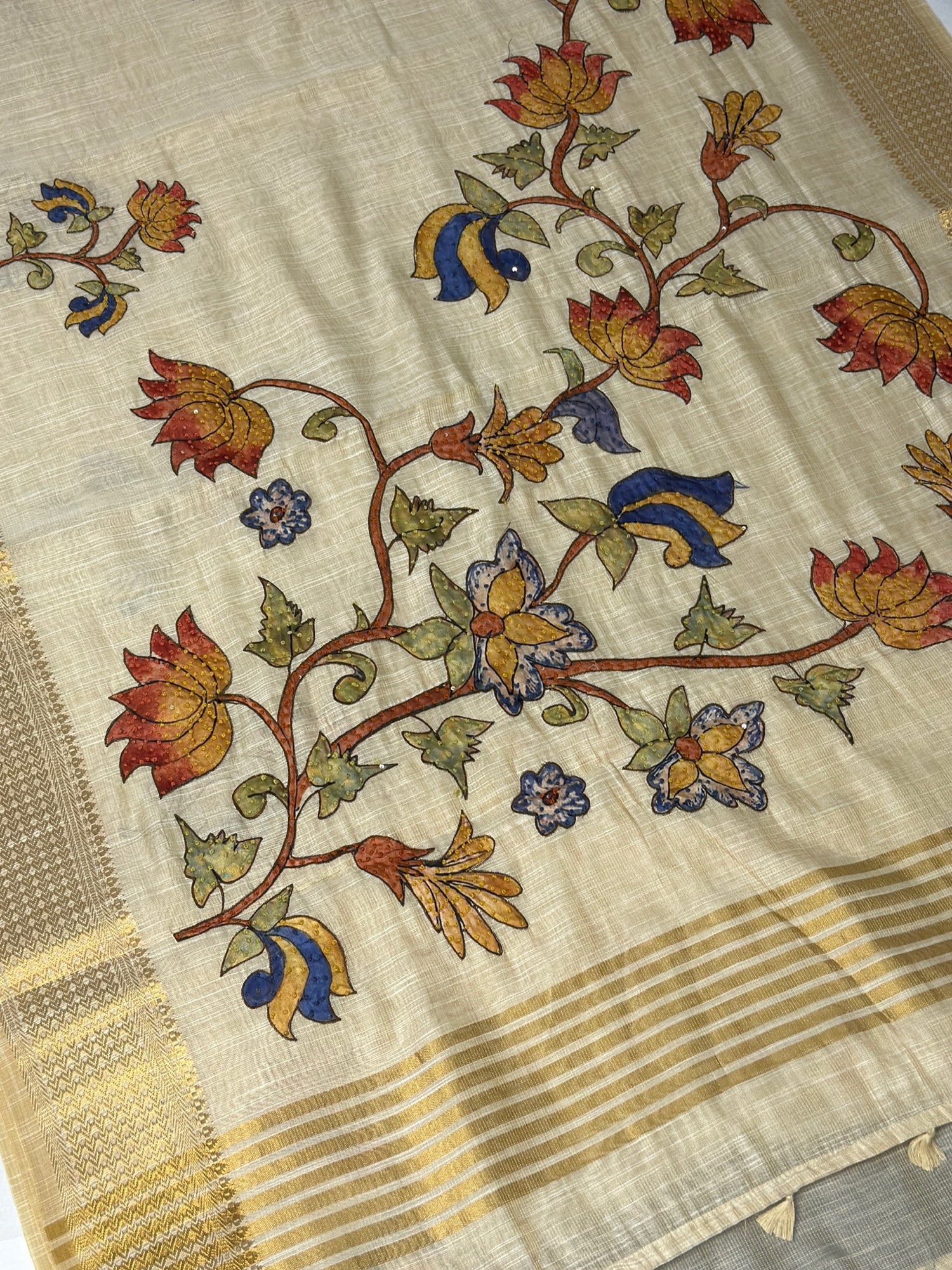UTSAV BANARAS 397: Golden Glow Cotton Tissue Saree with Kaatha &amp; Kalamkari Work