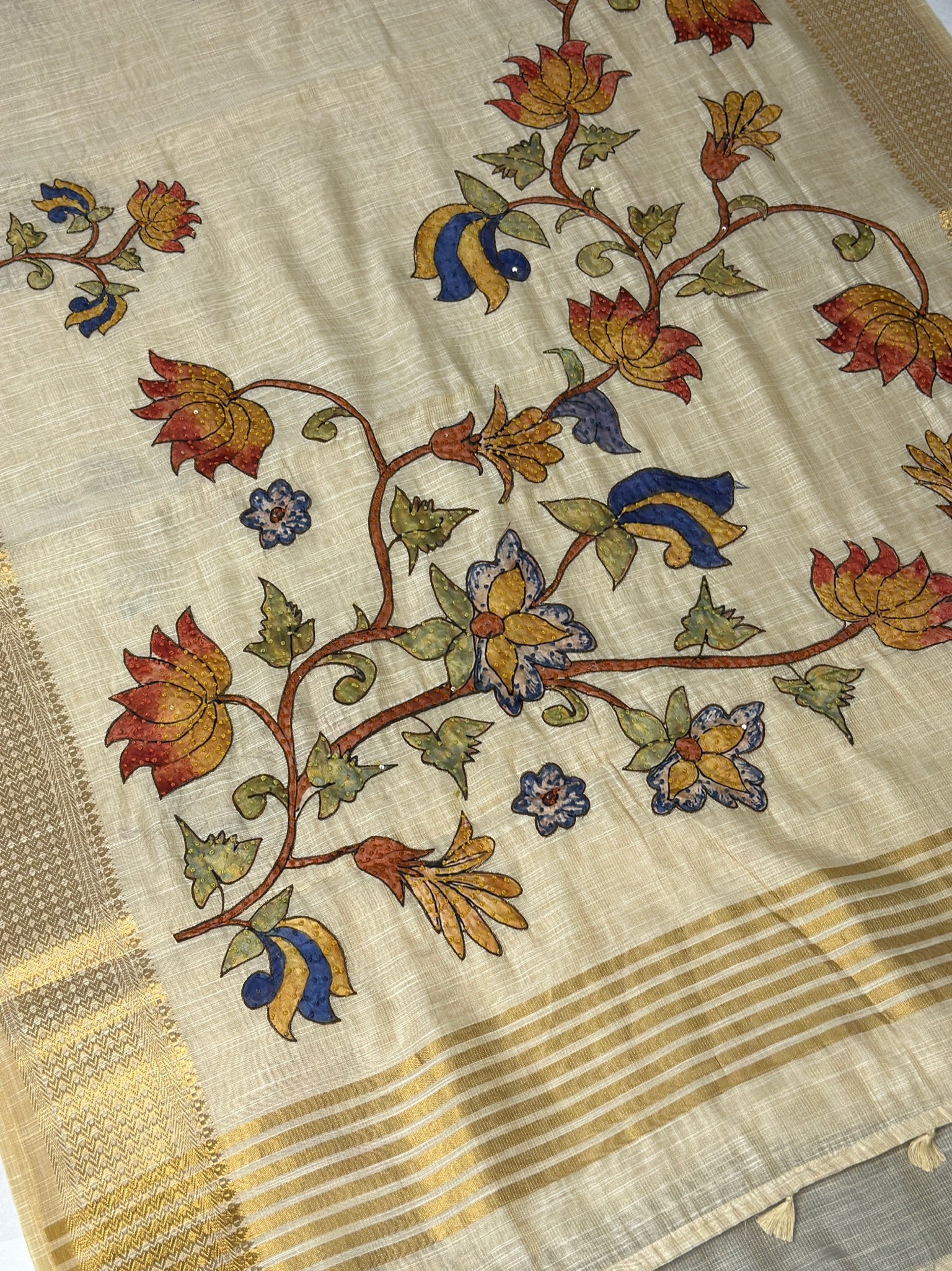 UTSAV BANARAS 397: Golden Glow Cotton Tissue Saree with Kaatha &amp; Kalamkari Work