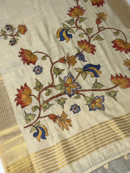 UTSAV BANARAS 397: Golden Glow Cotton Tissue Saree with Kaatha &amp; Kalamkari Work