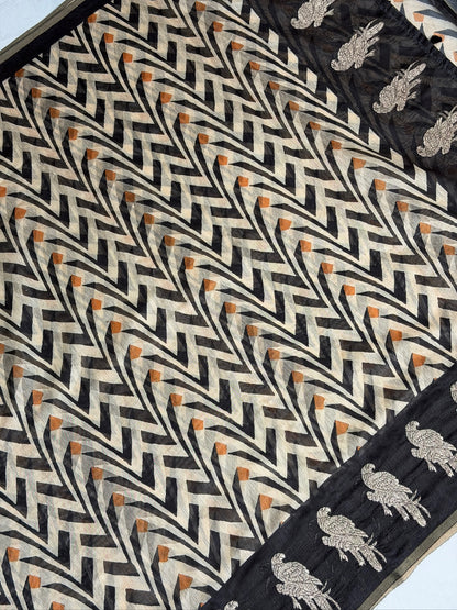 UTSAV BANARAS 395: Blackish Gold Cotton Tissue Saree with Kaatha &amp; Zigzag Work