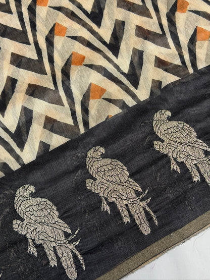 UTSAV BANARAS 395: Blackish Gold Cotton Tissue Saree with Kaatha &amp; Zigzag Work