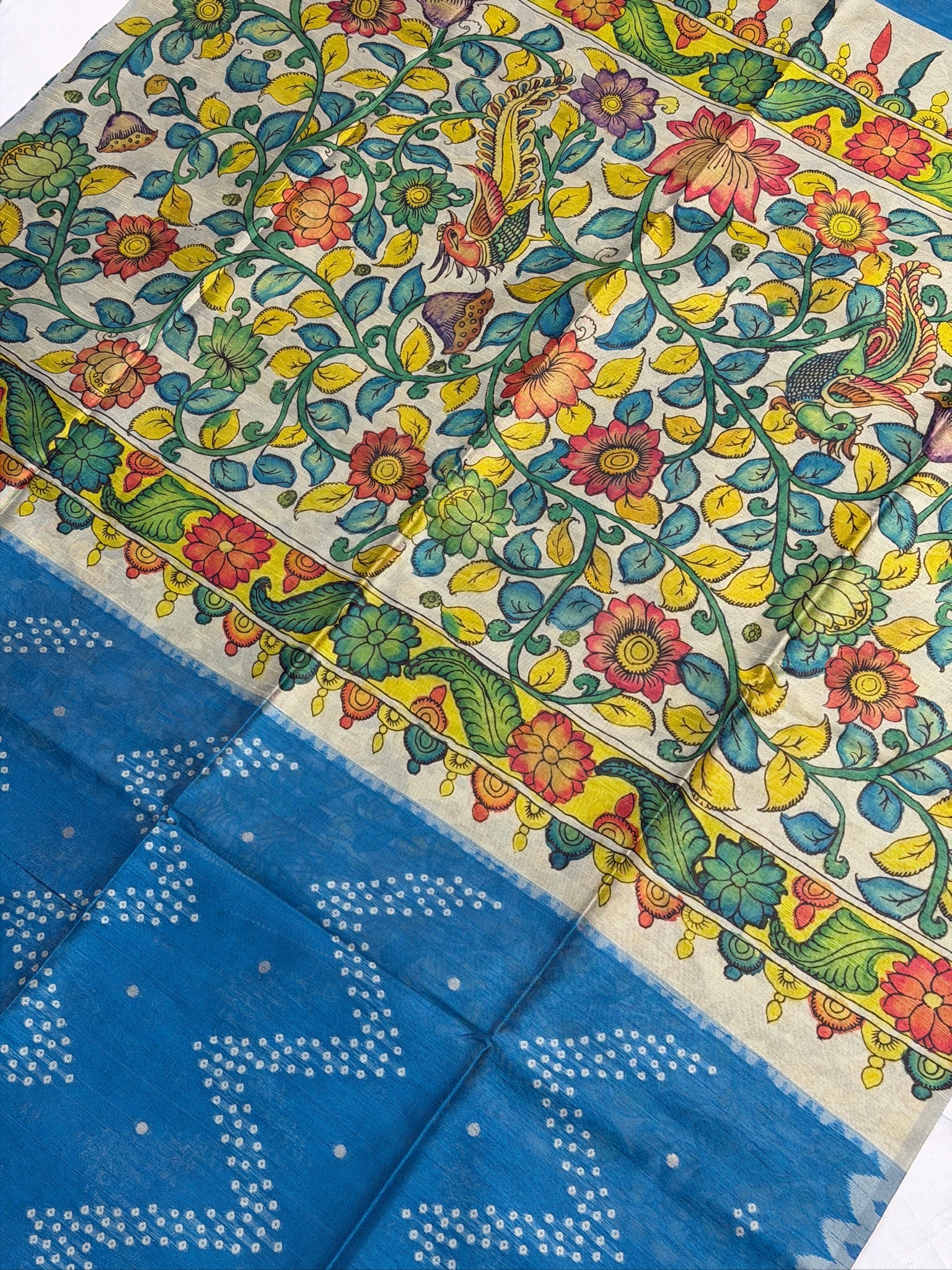 UTSAV BANARAS 403: Azure Blue Saree with Chunari Buti Weave &amp; Kalamkari Printed Pallu