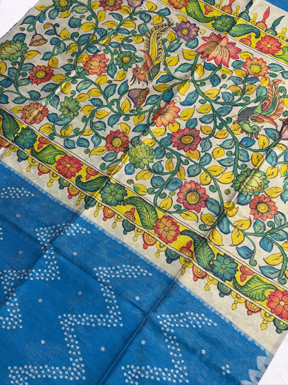UTSAV BANARAS 403: Azure Blue Saree with Chunari Buti Weave &amp; Kalamkari Printed Pallu