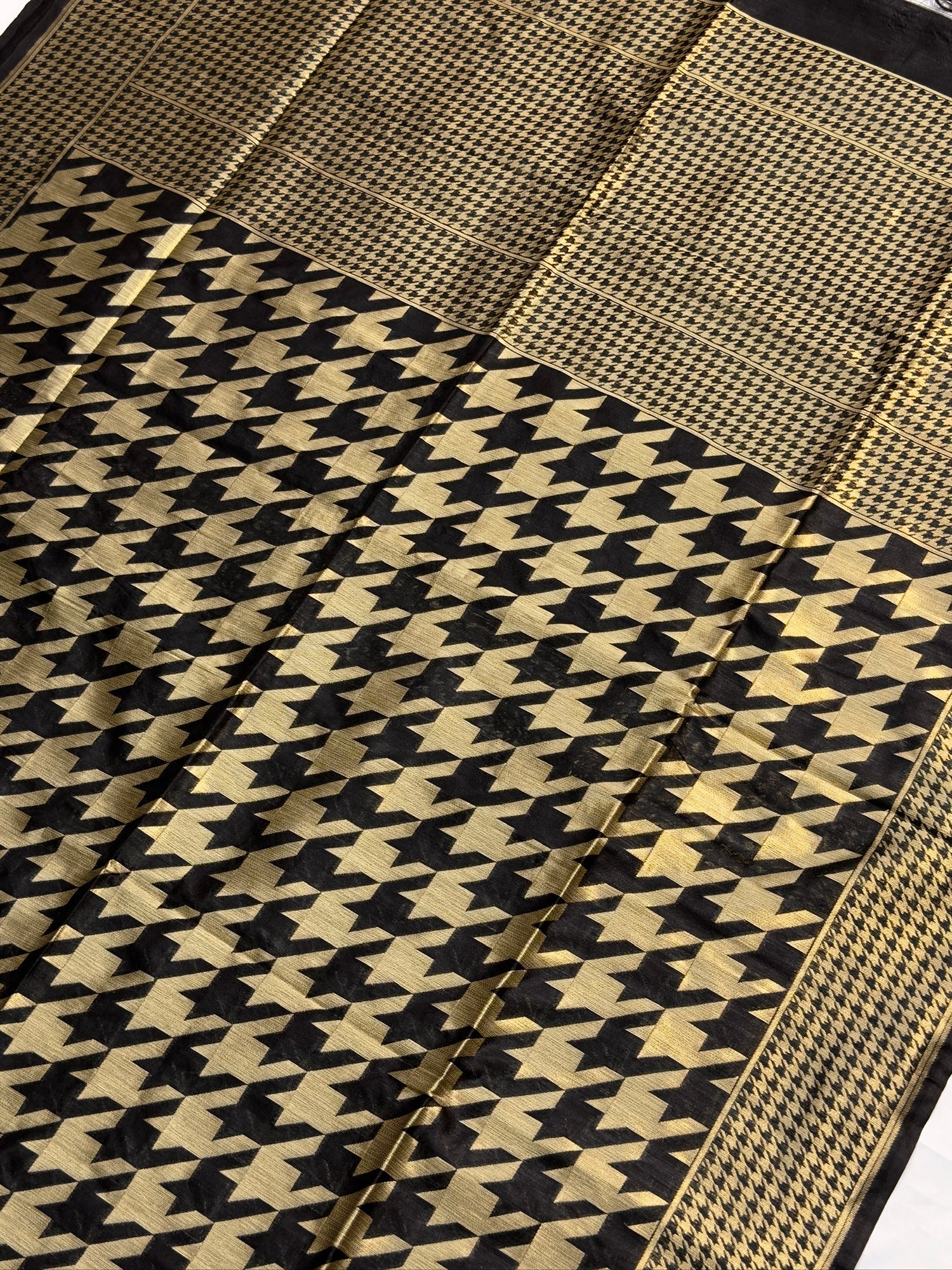 UTSAV BANARAS 402: Black Gold Raw Silk Saree with Abstract Designer Weave