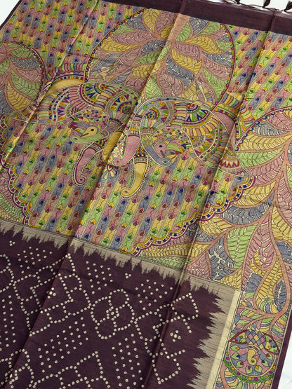 UTSAV BANARAS 405: Deep Wine Saree with Chunari Buti Weave &amp; Kalamkari Printed Pallu