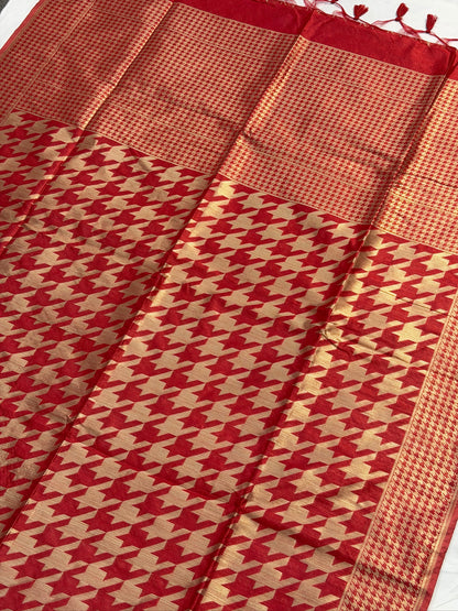 UTSAV BANARAS 401: Royal Red Gold Raw Silk Saree with Abstract Designer Weave