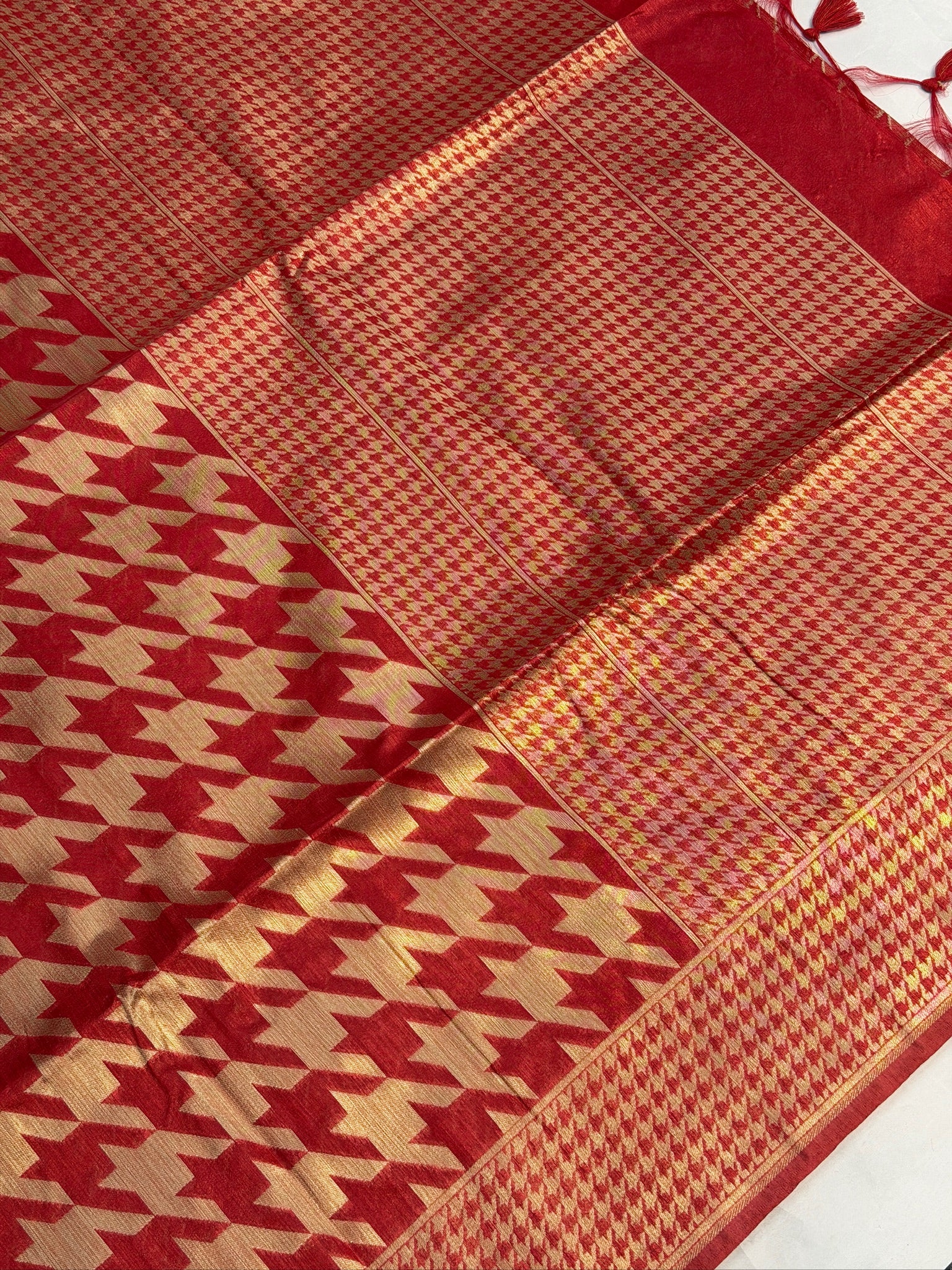 UTSAV BANARAS 401: Royal Red Gold Raw Silk Saree with Abstract Designer Weave