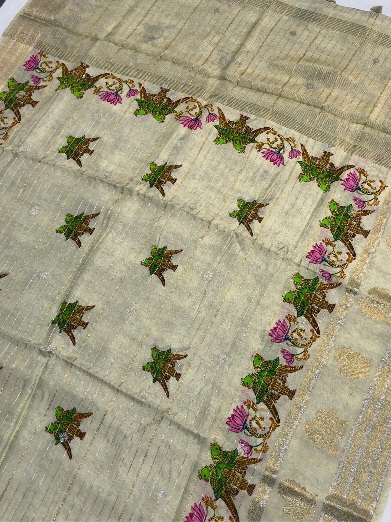 UTSAV BANARAS 373: Ivory Tusser Georgette Silk Saree with Sona Rupa Zari &amp; Kalamkari Skirt Border