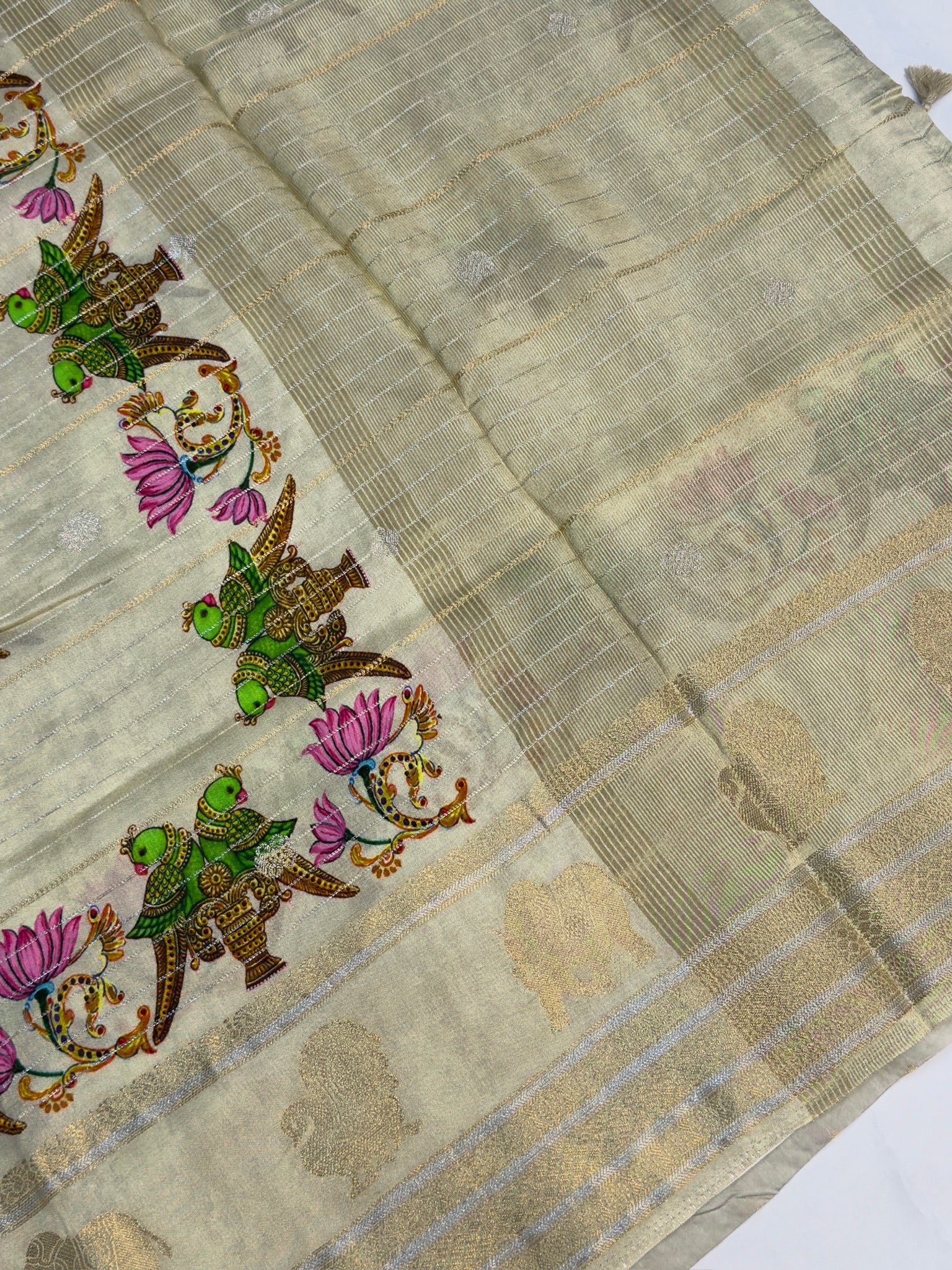 UTSAV BANARAS 373: Ivory Tusser Georgette Silk Saree with Sona Rupa Zari &amp; Kalamkari Skirt Border