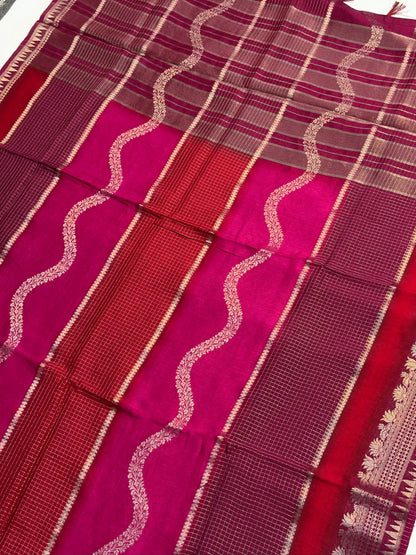 UTSAV BANARAS 374: Multi Pink Tusser Raw Silk Saree with Laheriya Designer Weave