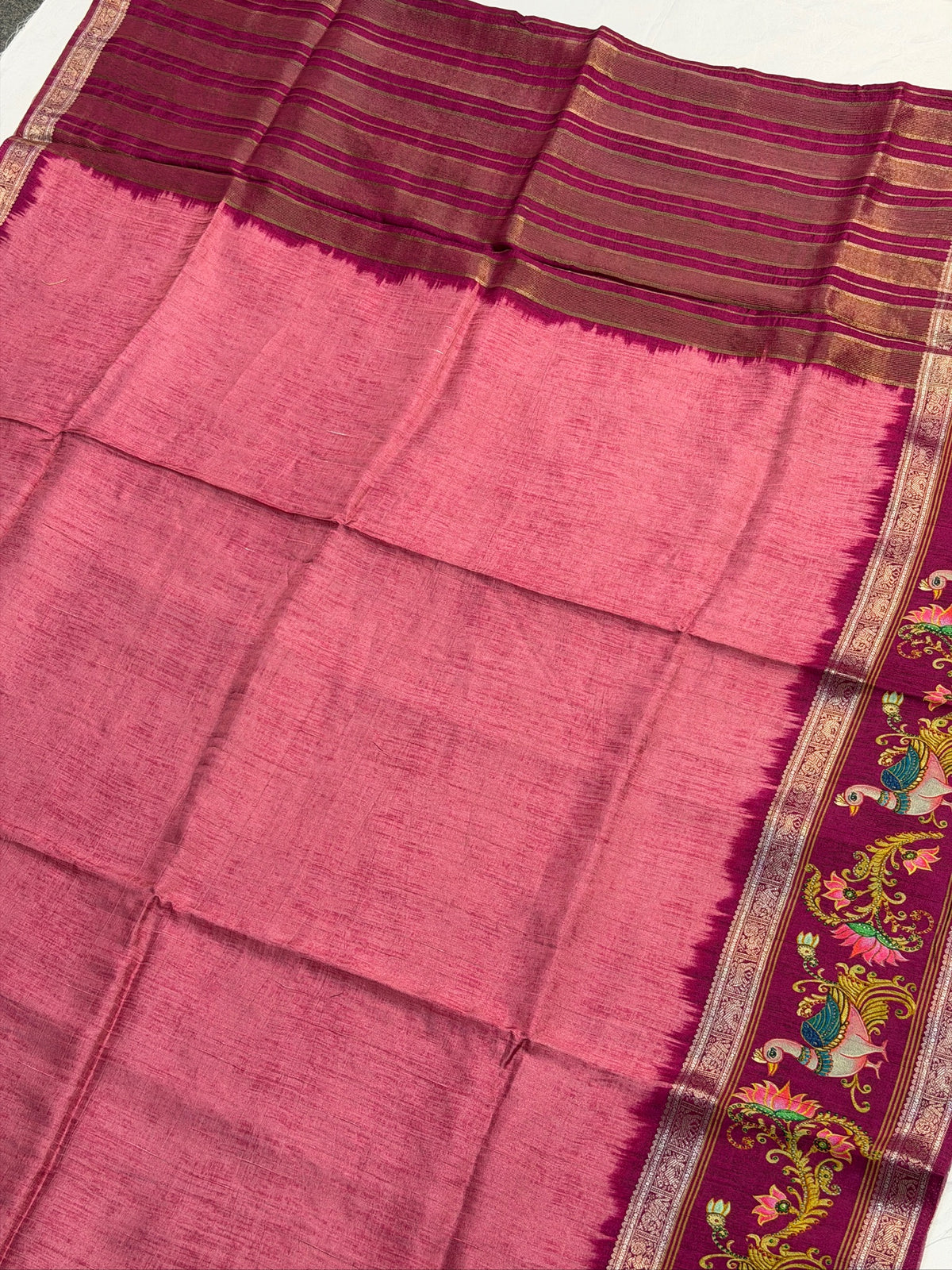 UTSAV BANARAS 367: Lotus Pink Tussar Georgette Saree with Tanjore Artistry Border