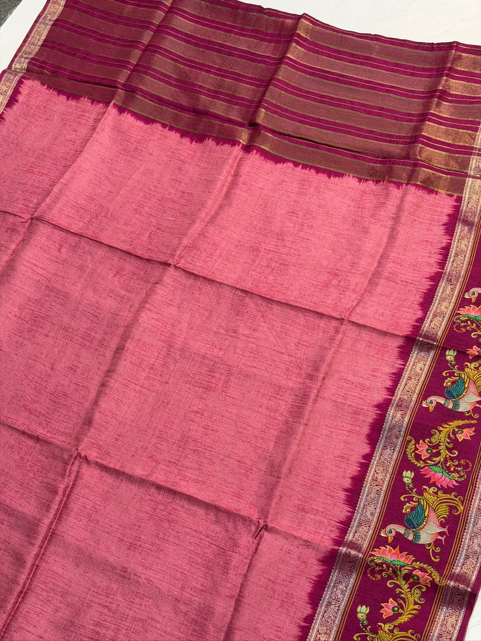 UTSAV BANARAS 367: Lotus Pink Tussar Georgette Saree with Tanjore Artistry Border